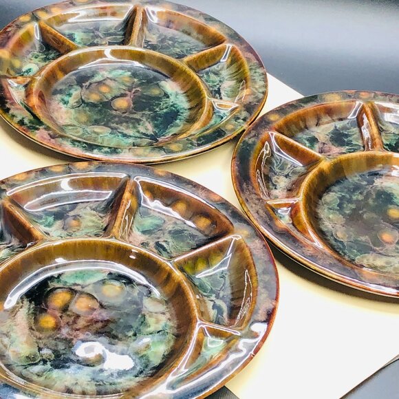 Vintage BEAUCE Ceramic Green Mottled Fondue Plate SET of 3 MCM Artisan Pottery - Picture 1 of 10